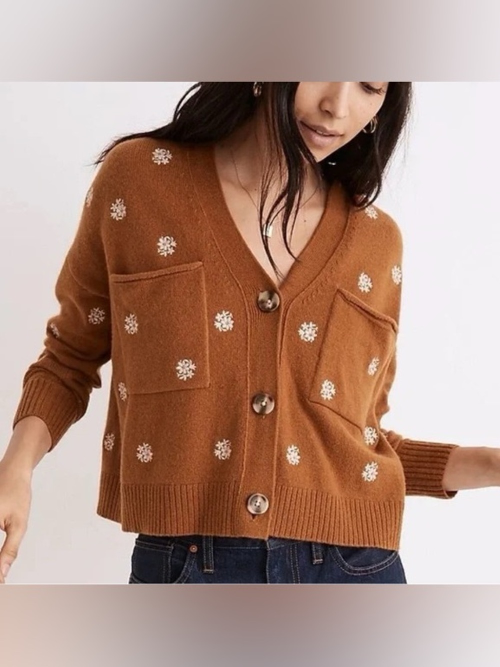 Womens Brown Button-Front Cardigan Sweater with Embroidered Dots